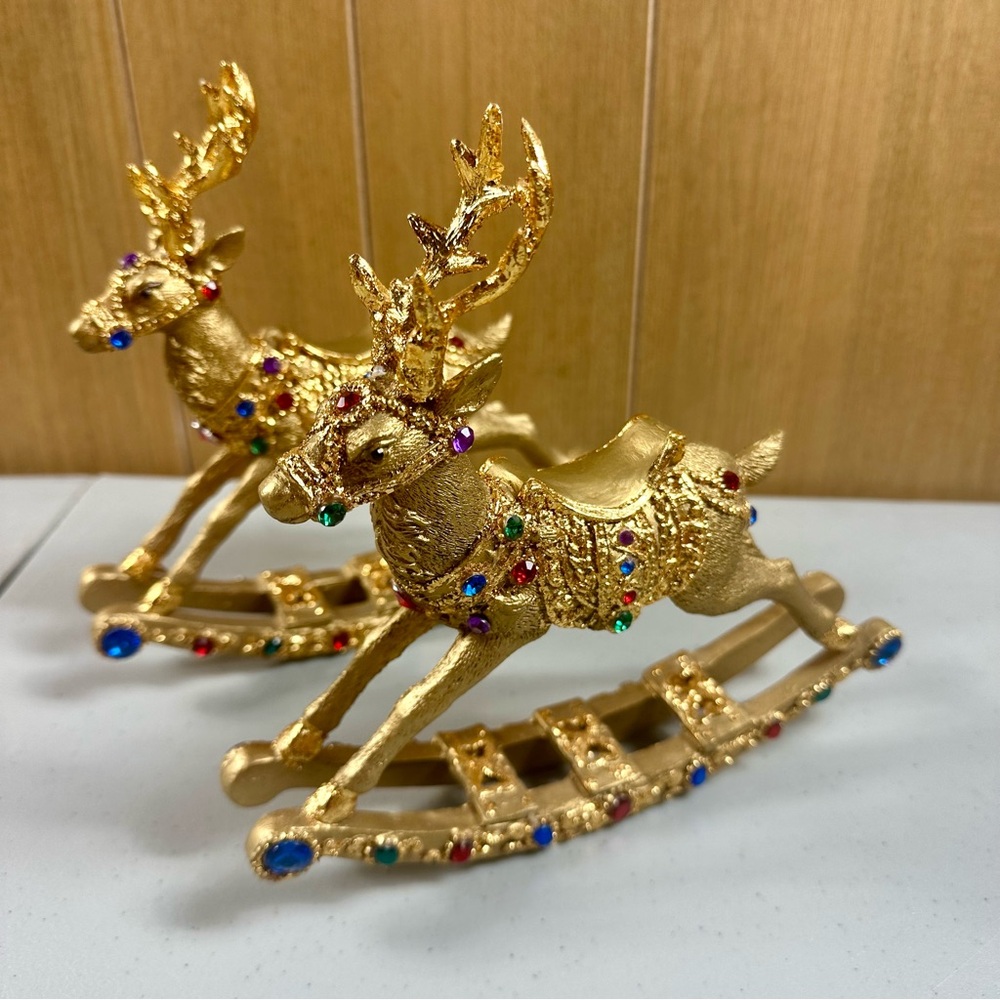 Vintage Gold Rocking Reindeer Figurines with Jewel Accents